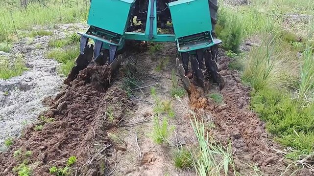 The cultivator loosens the soil around the pine seedlings