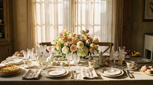 Elegant dining table beautifully set with flowers for Easter celebration  