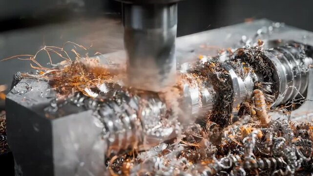 Medium shot of highspeed thread milling cutting precise threads into hardened steel showcasing dynamic tool rotation and fine metal shavings.