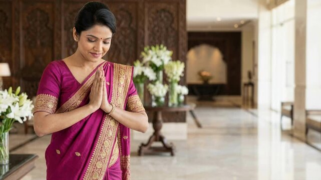 Beautiful indian woman in a sari greeting with namaste gesture in a luxury hotel. Traditional female welcoming guests with joined hands and a smile. Asian hospitality concept