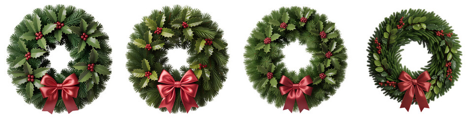 Four christmas wreaths with red bows on transparent background