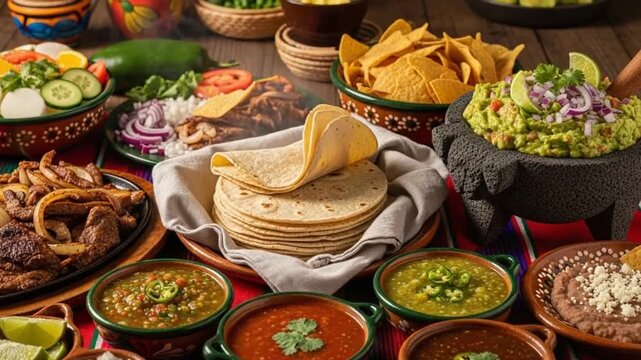 Vibrant Mexican Cuisine Display - Authentic Fiesta Food Spread with Tortillas, Salsas, and Traditional Dishes on Rustic Wooden Table