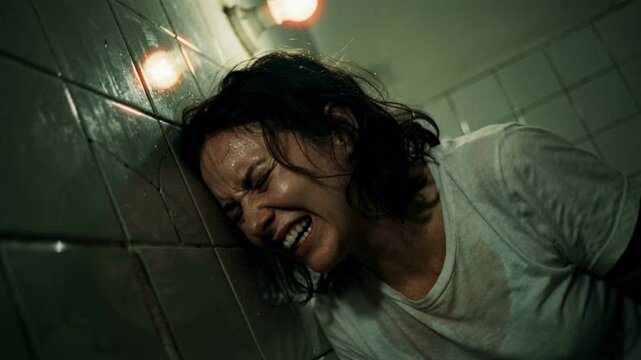 Devastated woman crying against a dirty tiled wall in a dark bathroom. Terrified female victim of domestic violence screaming in pain and despair. Cinematic horror and drama concept