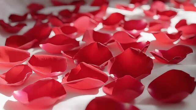 Romantic Scene of Red Rose Petals Scattered on White Fabric