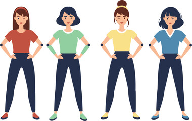Fototapeta premium A group of four confident women standing together in colorful outfits and fitness trackers