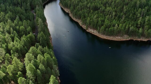 Top down overhead view of Woods Canyon Lake in Arizona's rural countryside.