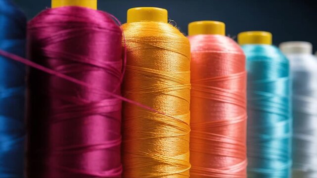 Vibrant Threads: A close-up showcases a collection of colorful thread spools, highlighting the richness and variety of colors used in fabric creation. 