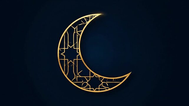Animated Islamic geometric patterns gradually forming crescent moon shape, elegant gold and navy color scheme, smooth motion design, full HD 1920x1080, no sound.