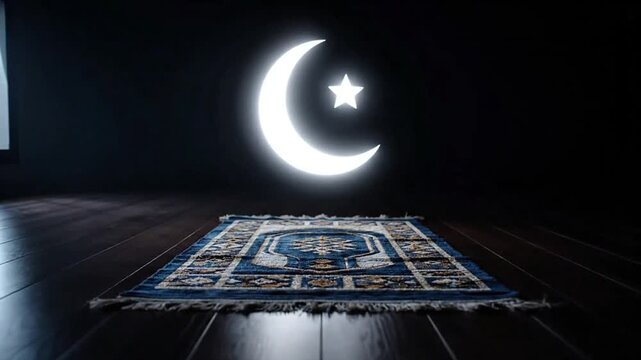Prayer mat placed facing qibla direction with soft glowing crescent projection above it, calm dark environment, spiritual Ramadan mood, full HD 1920x1080, no sound.