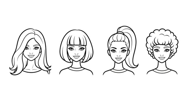 Diverse Women Hairstyles Collection: Black and White Line Art Portraits