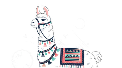 Naklejka premium Beautifully decorated llama adorned with colorful traditional tassels and a patterned saddle blanket in a stylish animal illustration.