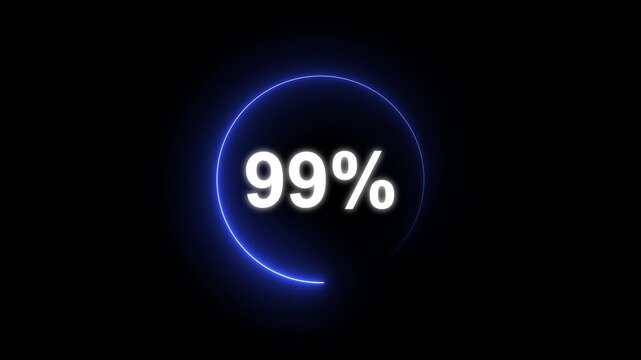 Glowing neon circle with 99 percent text icon animation light effect modern minimal clean shiny typography counter progress meter loading indicator loop seamless black background animation.