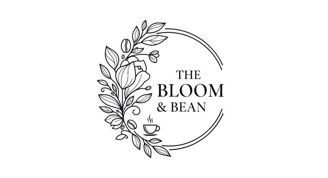 Elegant floral logo for 'The Bloom & Bean' coffee shop, featuring a tulip and coffee cup.