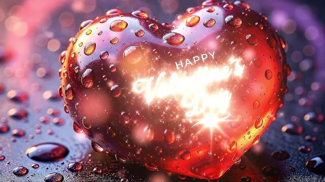 A vibrant red heart with water droplets celebrating valentine's day