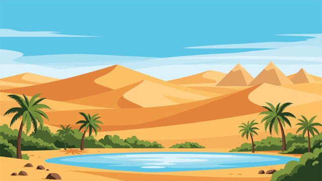 Beautiful desert oasis features a clear blue pond surrounded by lush palm trees with ancient pyramids standing in the distance.