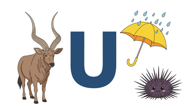 Educational alphabet poster for the letter U features an urial sheep, an umbrella in the rain, and a purple sea urchin.