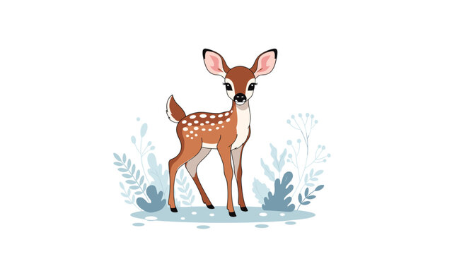 Cute baby deer stands alert in a meadow surrounded by soft blue flowers and plants in a peaceful forest setting.