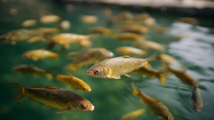 A school of numerous small golden fish gracefully swims in clear greenish blue water capturing a lively moment of aquatic life