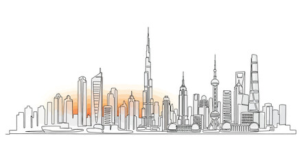 Fototapeta premium Single line cityscape of modern skyscrapers at sunset, urban, business, architecture