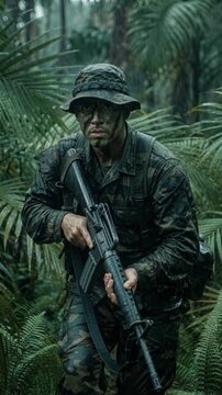 Camouflaged soldier with a rifle moving through dense green jungle foliage. Special forces commando on a stealth mission in a tropical rainforest. Military warfare and survival concept
