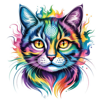Vibrant colorful cat head illustration with mystical aura and third eye isolated on transparent background