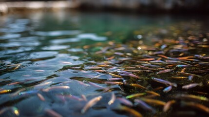 Fototapeta premium A large school of small iridescent fish swim in clear rippling water