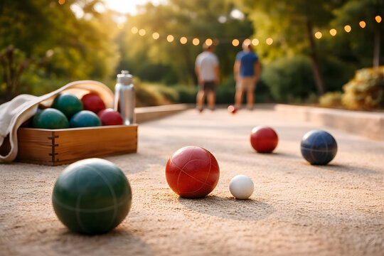Bocce balls on outdoor court with players and string lights in park setting