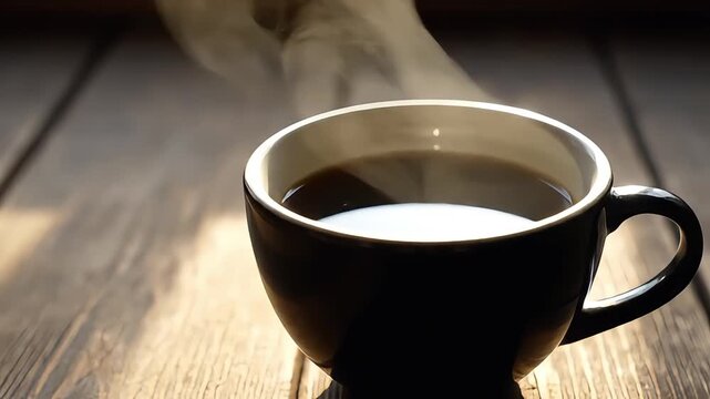 Steaming Hot Cup of Black Coffee on a Rustic Wooden Table