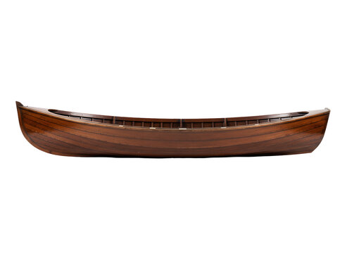 Isolated side view of a beautifully crafted vintage wooden dinghy boat rendered in polished brown tones against a solid black background