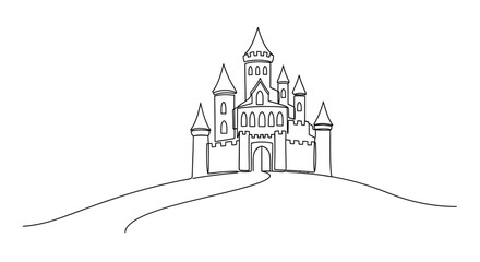 Whimsical line art illustration of a fairytale castle on a hill © Line Home