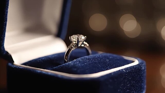 Stunning Diamond Engagement Ring Revealed in a Blue Velvet Box