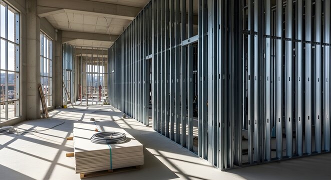 Interior construction site showing metal stud framing installation