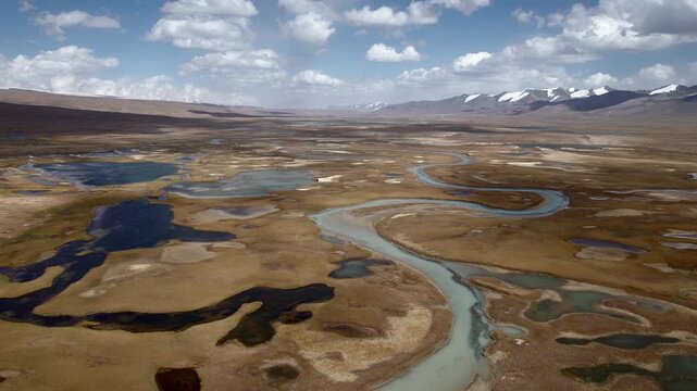 Aerial view of Arabel Plateau in remote Kyrgyzstan highlands, with winding river and wetlands forming abstract patterns across vast alpine landscape under dramatic sky.