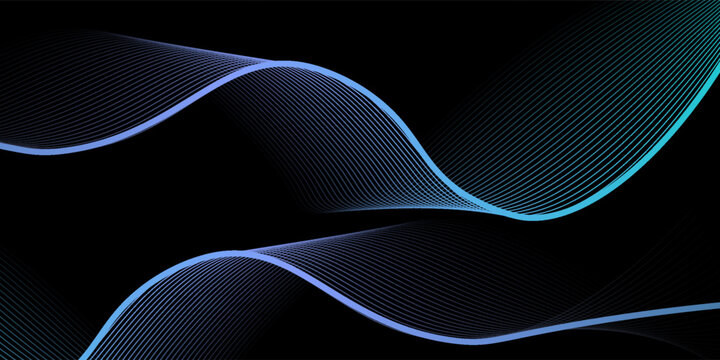 abstract wavy lines background. Vector wave lines smooth flowing dynamic blue green gradient light isolated on black background.