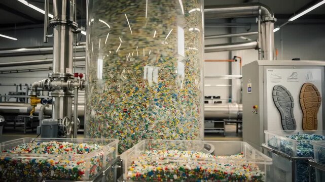 Medium shot capturing the industrial recycled plastic granule silo with mixedcolor granules emphasizing the ecoconscious process of converting waste into shoe components.