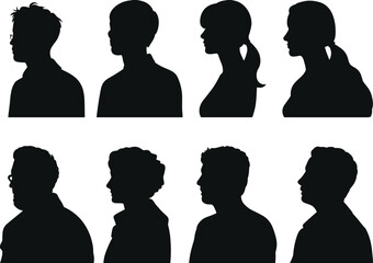 People profile silhouettes collection, men and women side view head portraits isolated on white background, avatar set, flat vector illustration