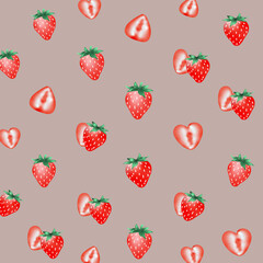 いちごとカット苺のシームレスパターン背景（ブラウン）ー 落ち着いたブラウン背景に、丸みのある苺とカット苺をリズムよく配置したシームレスパターン。大人かわいい配色で、商品パッケージ、ポスター、ポストカード、ノートの表紙、シール帳、背景素材、マスキングシールブックタイプ、フレークシール、苺スイーツの販促など幅広く活用できます。