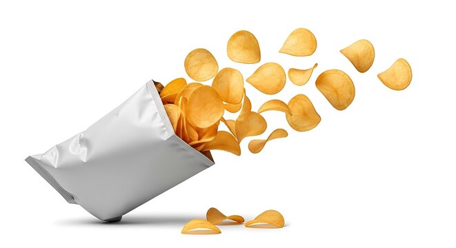 Potato Chips and pack. Packaging of Chip on white background. Chips flying out from bag isolated on white background.