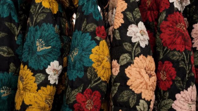 Front view of a row of floral printed winter coats on a rack showcasing vibrant colorful patterns perfect for adding a bold statement to cold weather outfits.