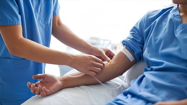IV Insertion: A medical professional expertly inserts an intravenous (IV) line into a patient's arm, showcasing a moment of care and medical precision.