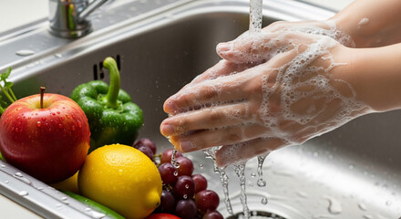Hands thoroughly wash near colorful produce for health