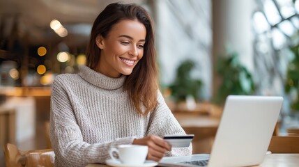 Naklejka premium Young woman at cafe using laptop computer and credit card for online shopping purchase, e-commerce and consumer finance concept showing digital transaction and internet retail banking lifestyle.