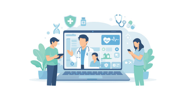 Virtual hospital service and digital healthcare platform with online doctor consultation, flat vector illustration