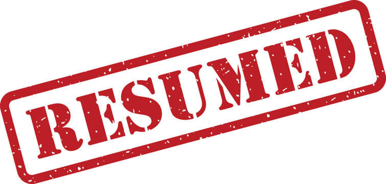 Red rubber stamp mark with the word RESUMED imprinted on a clean white surface