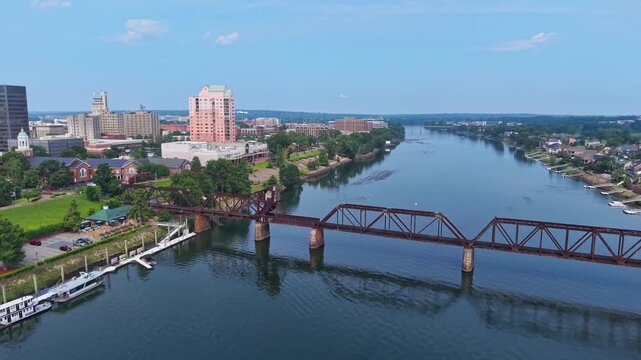 Drone view of downtown Augusta Georgia with riverfront skyline