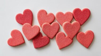Obraz premium Flat lay of red heart shaped Valentine's Day sugar cookies with red icing, Valentine's food concept 