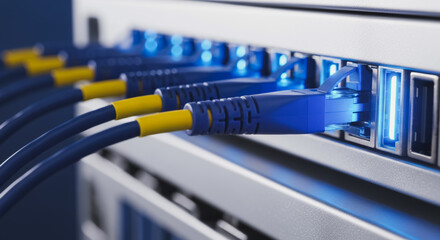 High-speed internet data transfer concept with blue ethernet cables plugged into a glowing server rack switch, showing connectivity, technology, networking, and digital communication infrastructure.