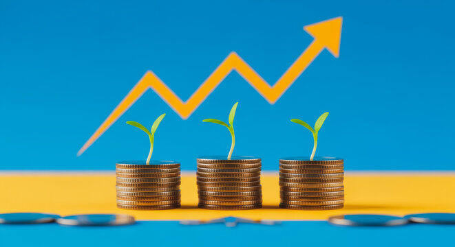 Financial Investment Growth Concept: Three stacks of coins with green sprouts and a sharp upward-trending arrow, symbolizing profit, savings increase, compounding interest, and successful long-term we