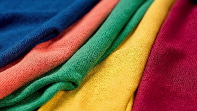 Medium shot of medium weight interlock knit fabric showcasing the smooth texture and elasticity produced by doubleknit machines in vibrant solid colors.