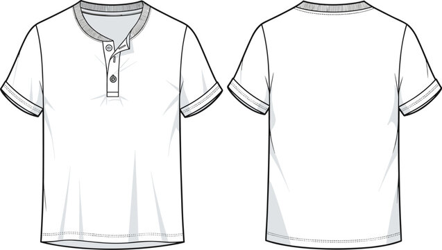 Classic White Henley T-Shirt Fashion Illustration Template: Front and Back Views for Apparel Design and Technical Drawings